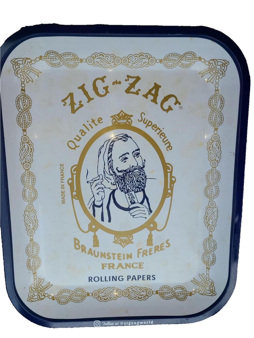 Zig Zag 14  x 11 inch Metal Rolling Tray -Original White Color + Beamer Smoke